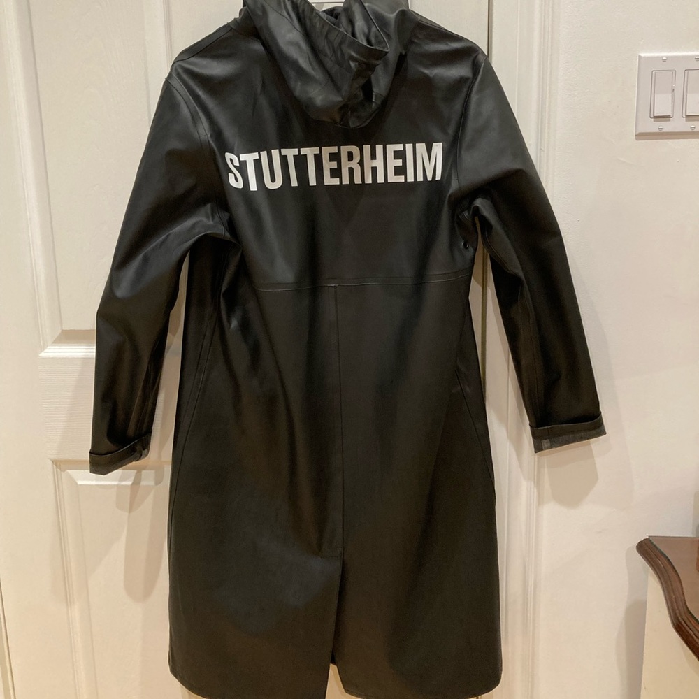 SOLD - Stutterheim Black Long Stockholm Raincoat Print XS